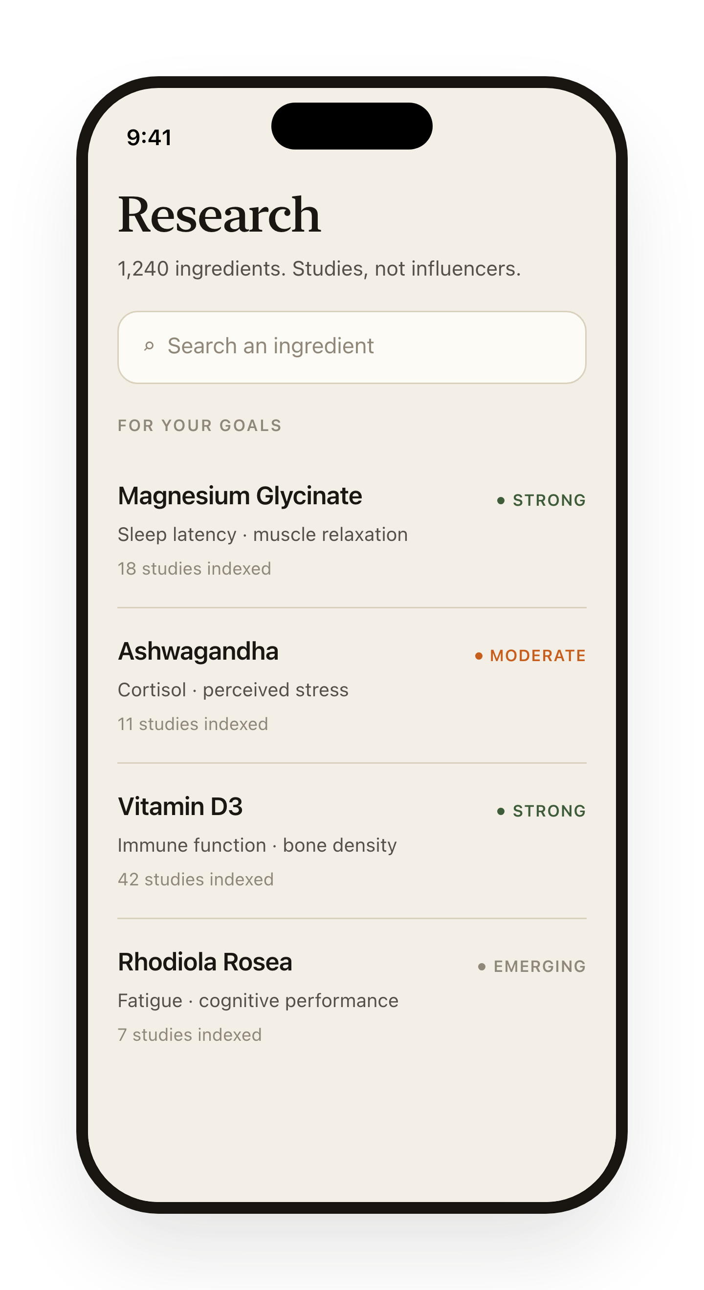 Research · 1,240 ingredients indexed by evidence strength
